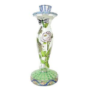 VTG Hand Painted Floral DragonflyCheckered Glass Tapered Candle Stick Holder
